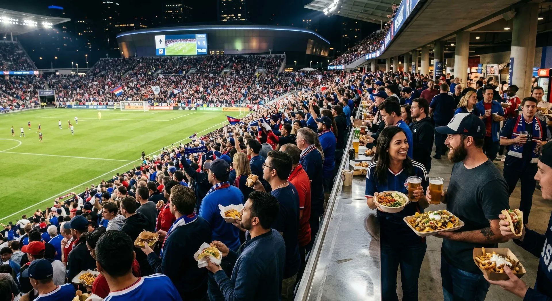 A soccer stadium filled with fans enjoying the game, having beverages and food.