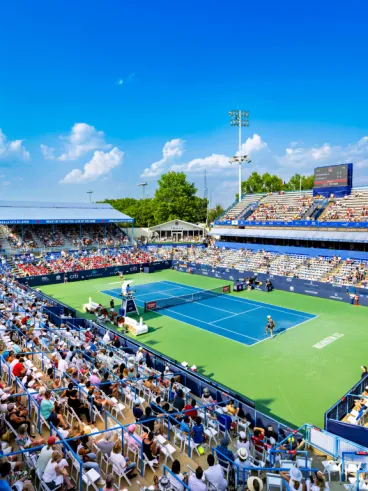 View of blue and green tennis court with crowd looking on in stadium