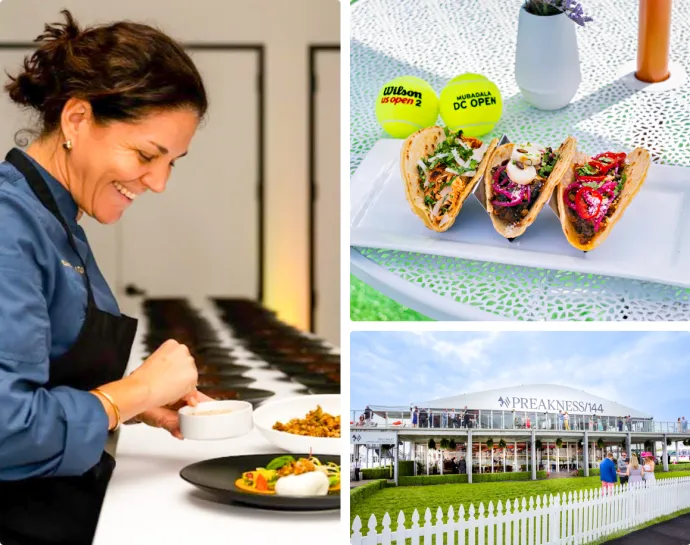 Collage of images feature chef smiling while plating food, assorted tacos on a plate and the outside of the Preakness