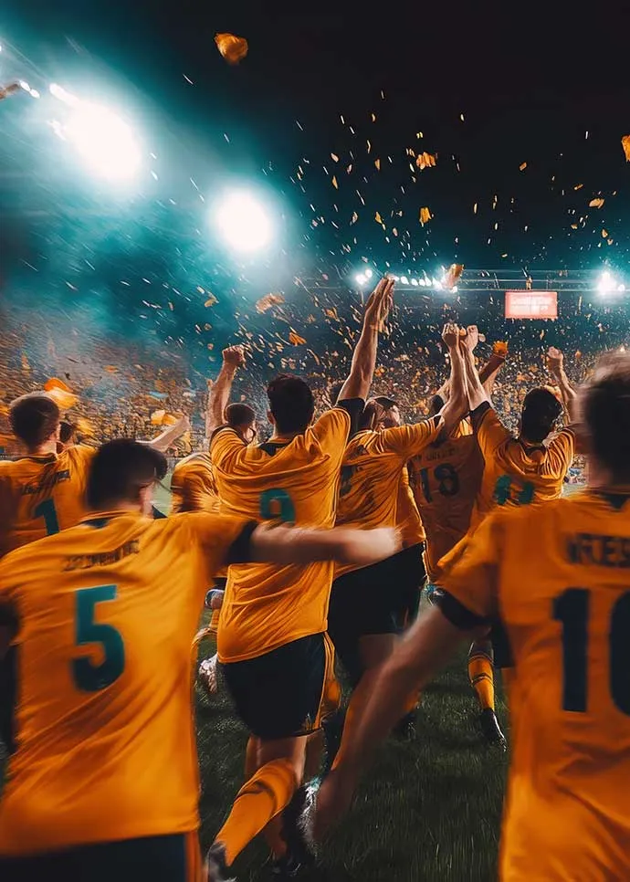 A team of soccer players in yellow and teal jerseys celebrate on the field at night, arms raised in victory as confetti falls and stadium lights illuminate a crowded stadium behind them.